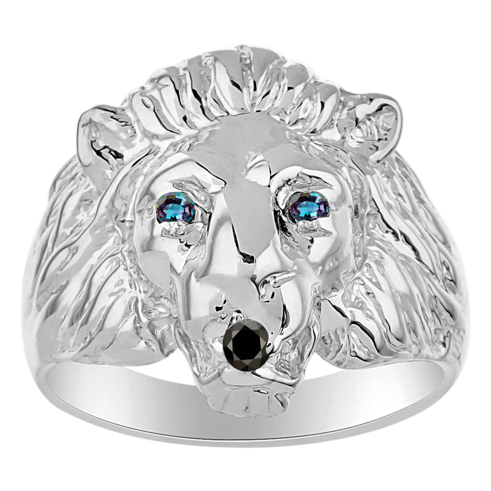 RYLOS Men's 14K White Gold Lion Head Ring with Black Diamond Mouth & Gemstone Eyes – Fun Designer Rings in Sizes 6-13