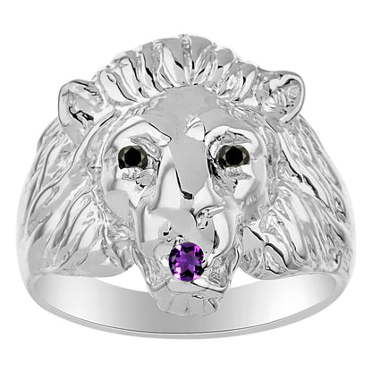 RYLOS Lion Head Ring with Black Diamonds in Eyes & Gemstone in the Mouth – Fun Designer Sterling Silver Rings in Sizes 8-13