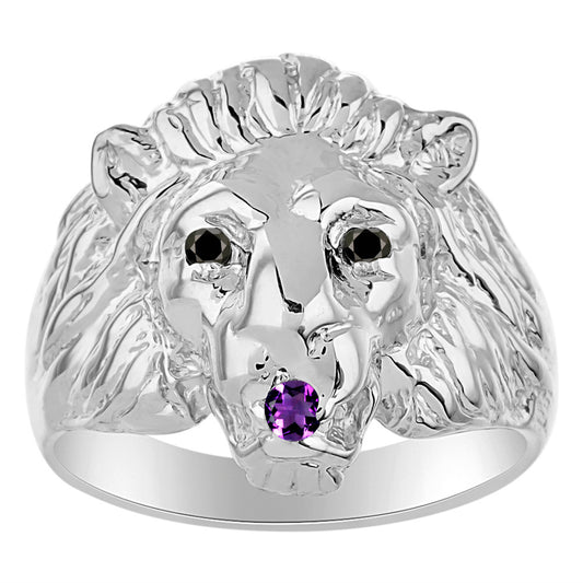 RYLOS Men's 14K White Gold Lion Head Ring with Black Diamond Eyes & Gemstone Mouth – Fun Designer Rings in Sizes 6-13