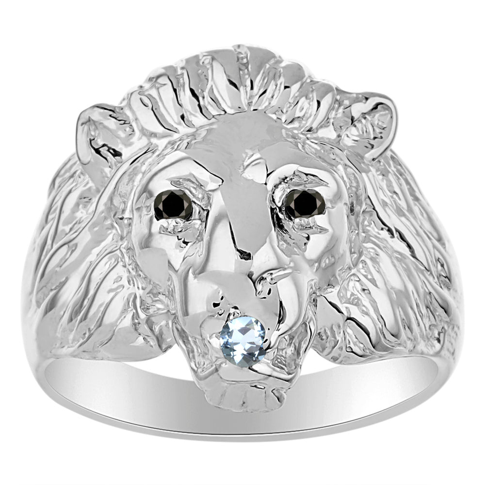 RYLOS Men's 14K White Gold Lion Head Ring with Black Diamond Eyes & Gemstone Mouth – Fun Designer Rings in Sizes 6-13