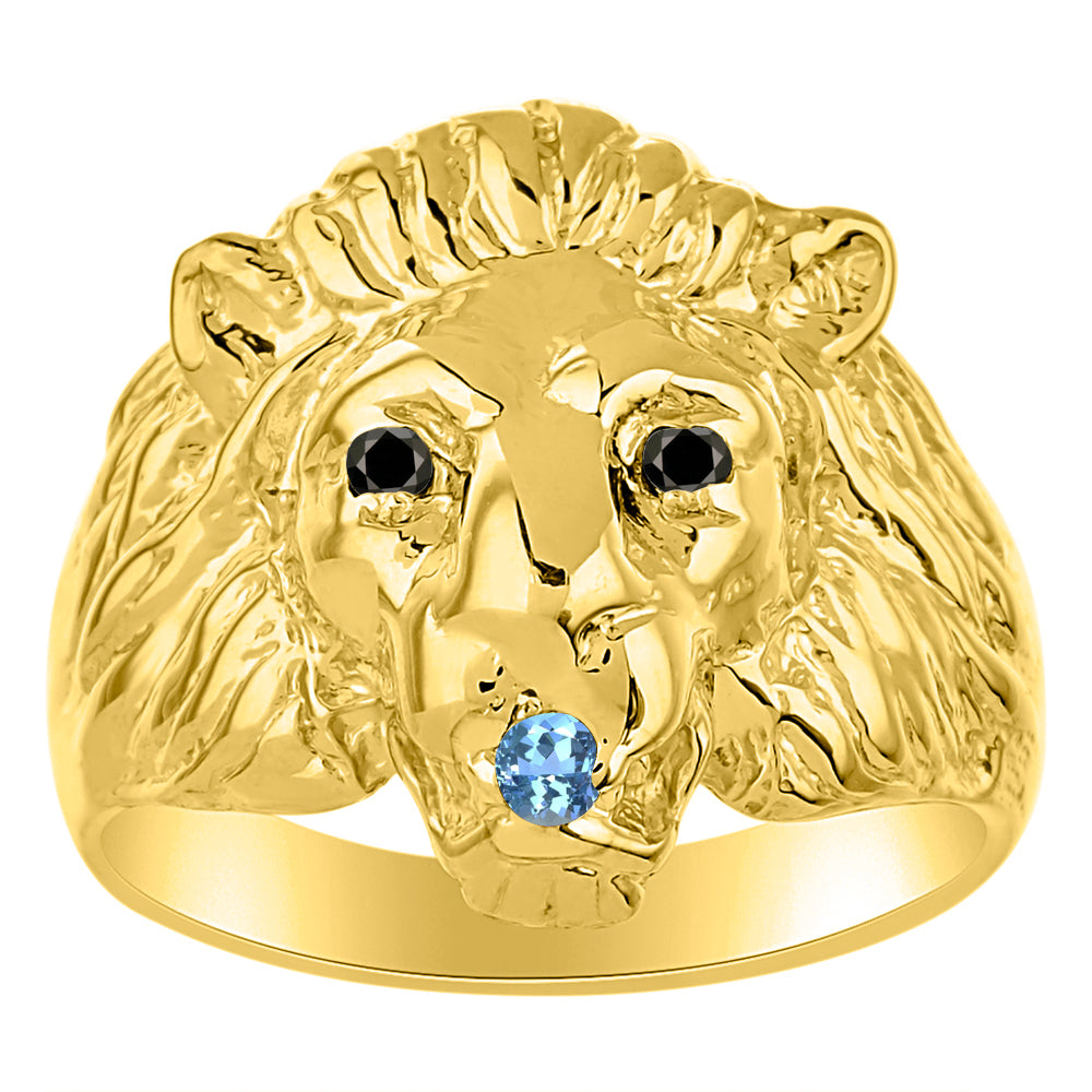 RYLOS Men's 14K Yellow Gold Lion Head Ring with Black Diamond Eyes & Gemstone Mouth – Fun Designer Rings in Sizes 6-13