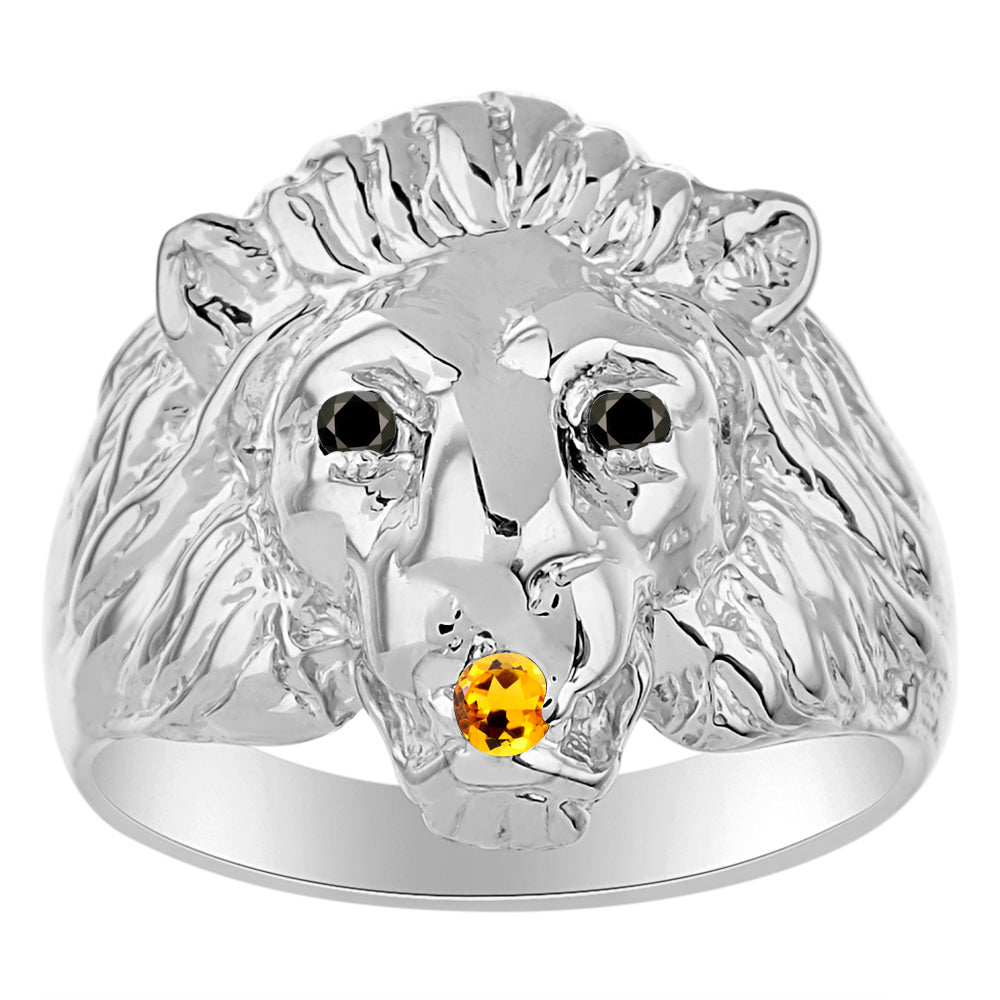RYLOS Lion Head Ring with Black Diamonds in Eyes & Gemstone in the Mouth – Fun Designer Sterling Silver Rings in Sizes 8-13