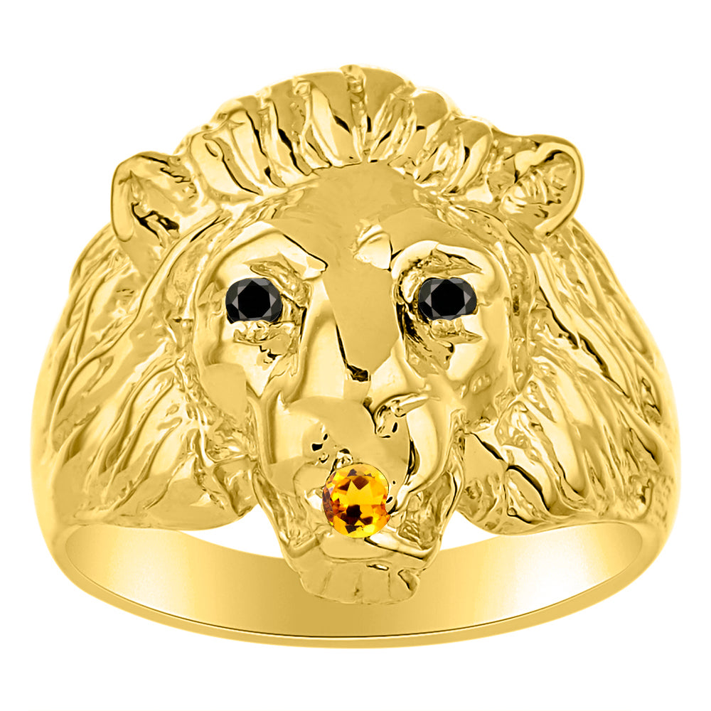 RYLOS Lion Head Ring with Black Diamonds in Eyes & Gemstone in the Mouth – Fun Designer Yellow Gold Plated Silver Rings in Sizes 8-13