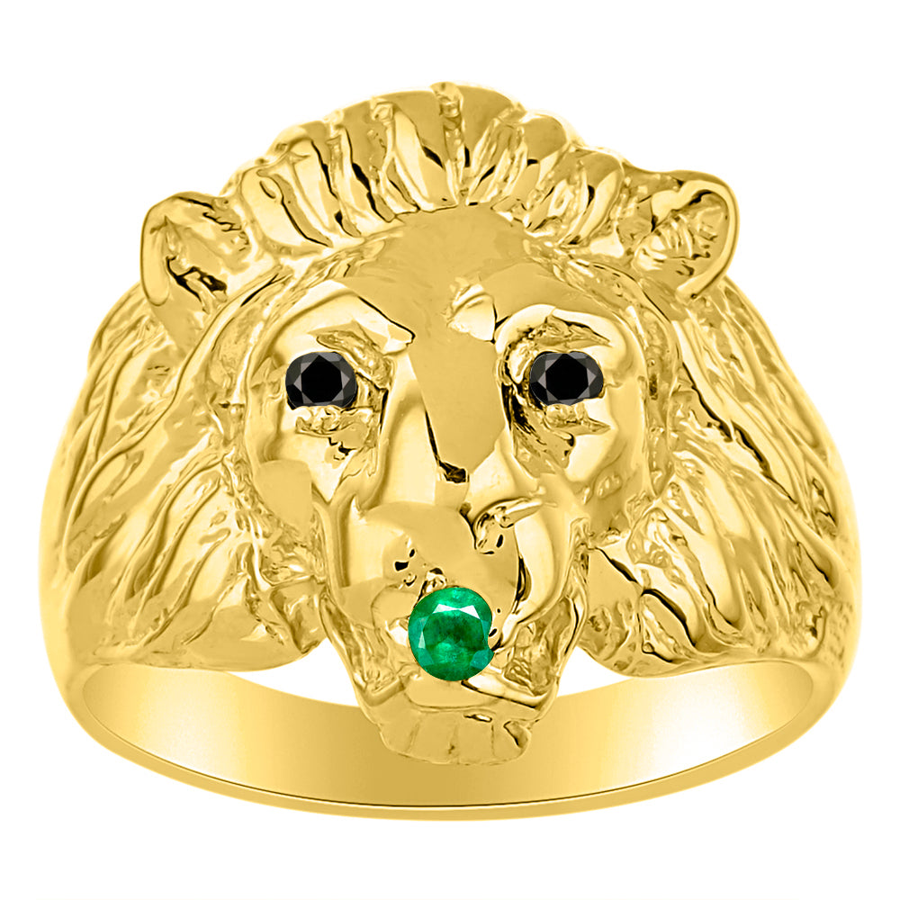 RYLOS Lion Head Ring with Black Diamonds in Eyes & Gemstone in the Mouth – Fun Designer Yellow Gold Plated Silver Rings in Sizes 8-13