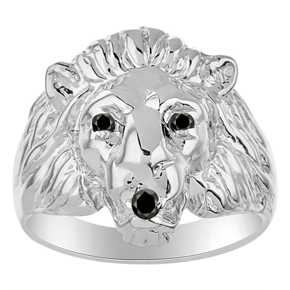 RYLOS Men's 14K White Gold Lion Head Ring with Black Diamond Eyes & Gemstone Mouth – Fun Designer Rings in Sizes 6-13