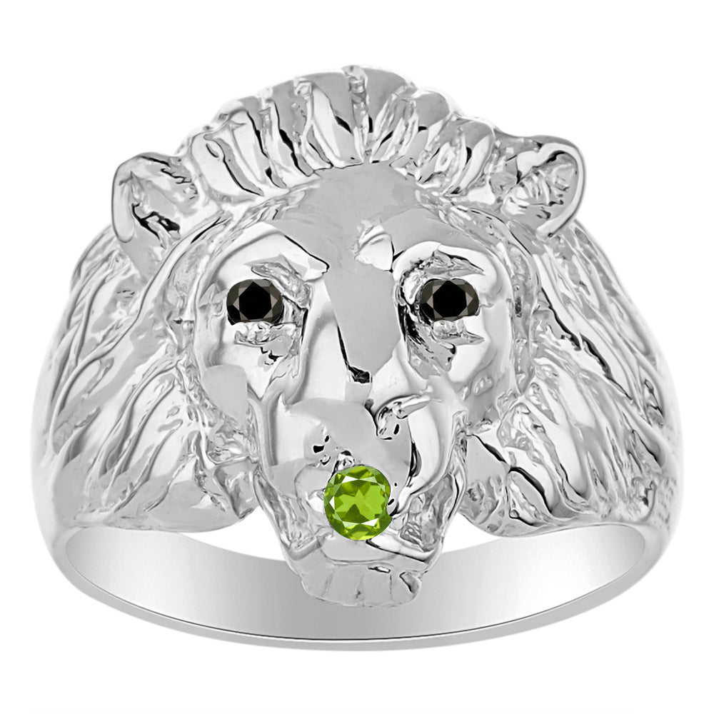 RYLOS Men's 14K White Gold Lion Head Ring with Black Diamond Eyes & Gemstone Mouth – Fun Designer Rings in Sizes 6-13