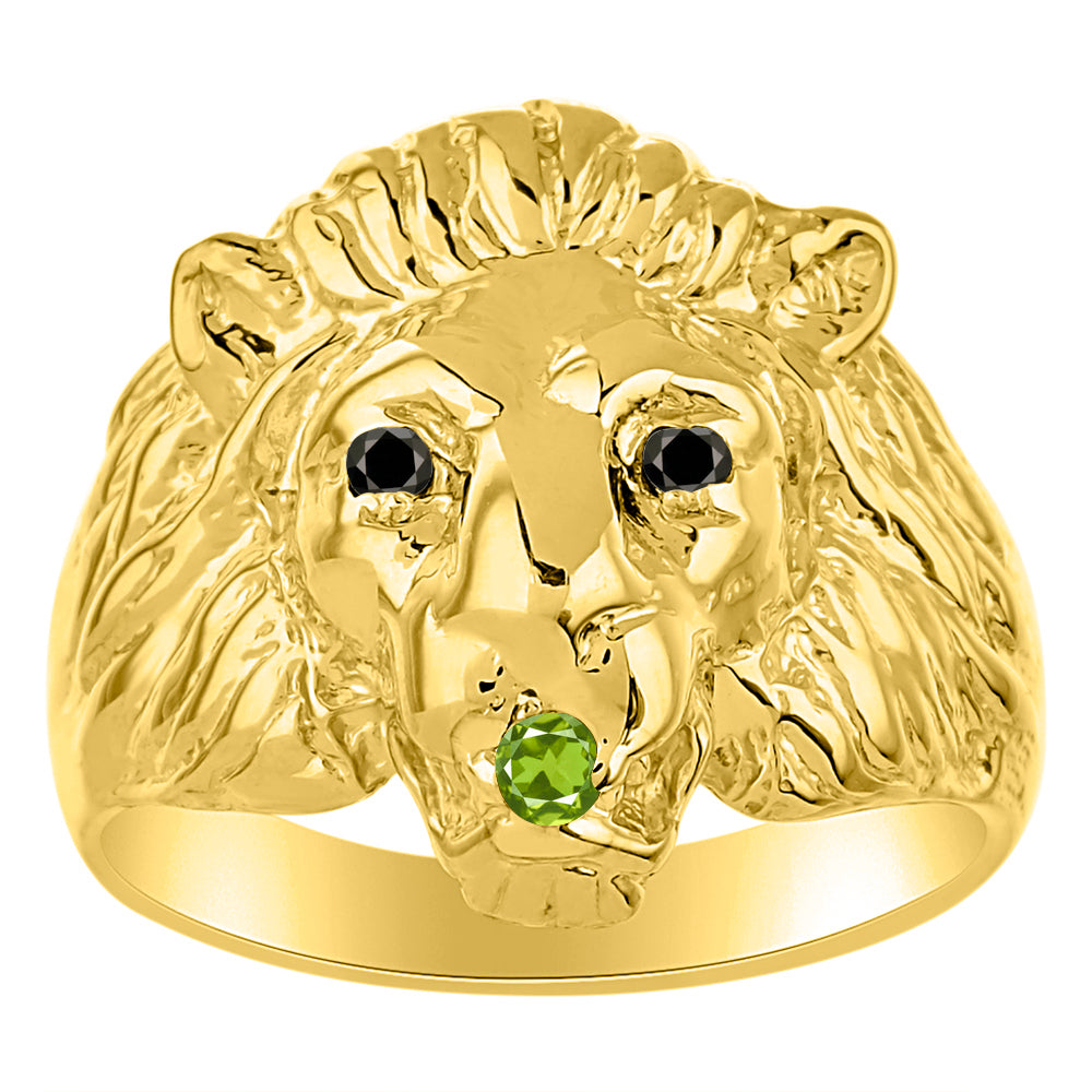 RYLOS Lion Head Ring with Black Diamonds in Eyes & Gemstone in the Mouth – Fun Designer Yellow Gold Plated Silver Rings in Sizes 8-13