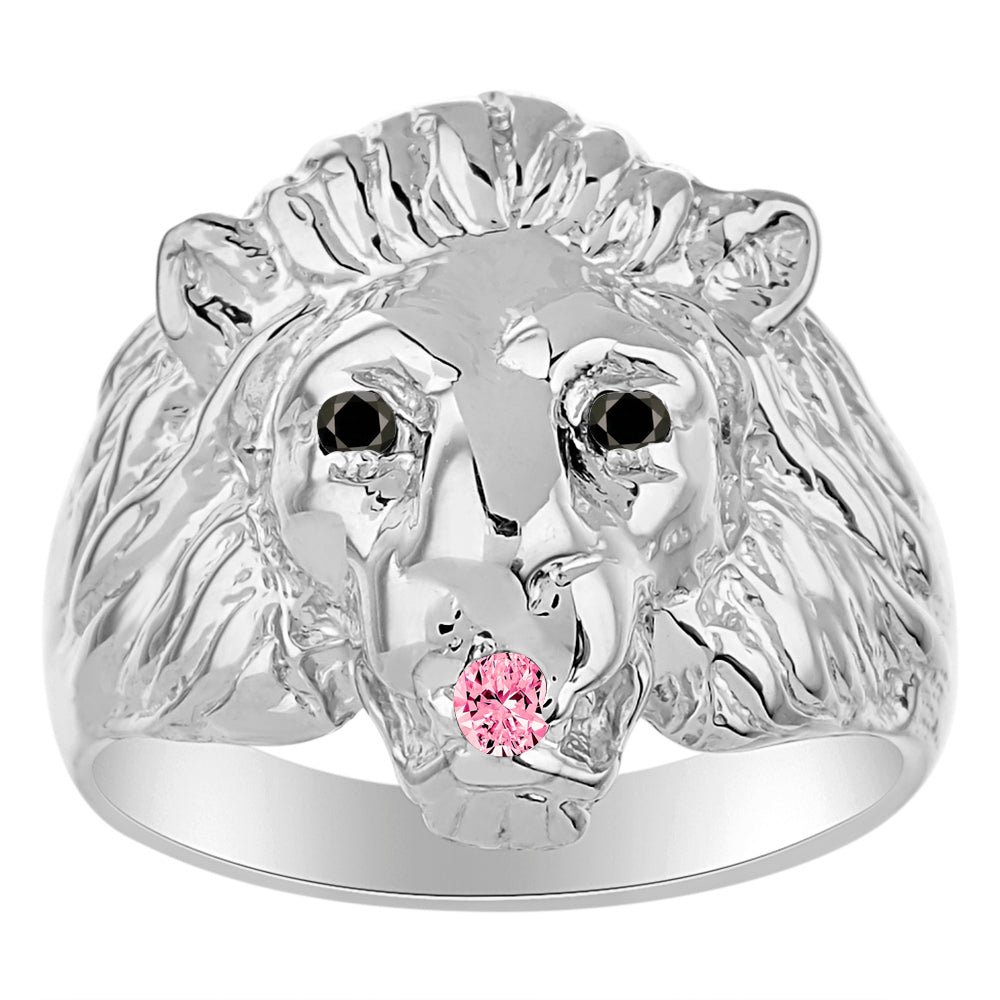 RYLOS Men's 14K White Gold Lion Head Ring with Black Diamond Eyes & Gemstone Mouth – Fun Designer Rings in Sizes 6-13