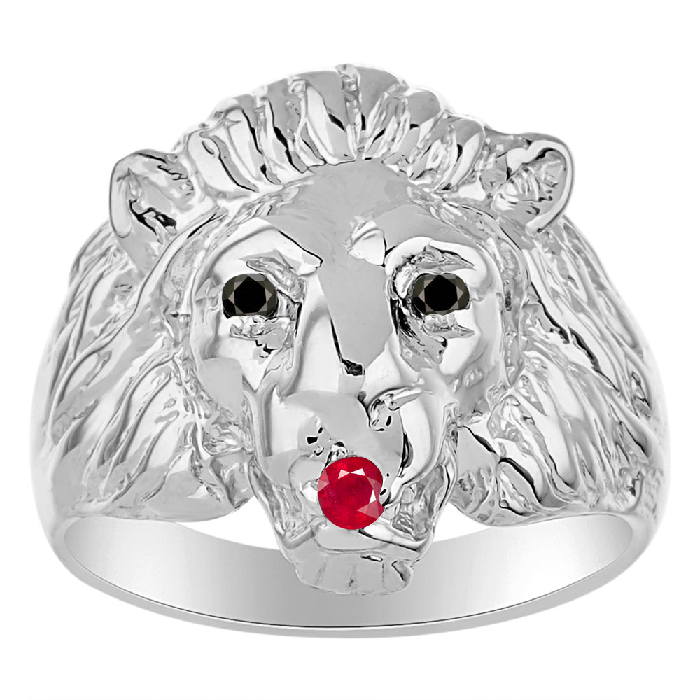 RYLOS Men's 14K White Gold Lion Head Ring with Black Diamond Eyes & Gemstone Mouth – Fun Designer Rings in Sizes 6-13