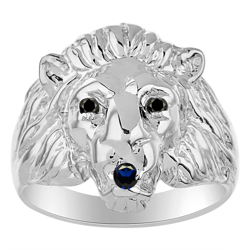 RYLOS Lion Head Ring with Black Diamonds in Eyes & Gemstone in the Mouth – Fun Designer Sterling Silver Rings in Sizes 8-13