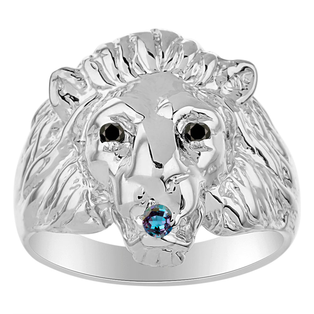 RYLOS Men's 14K White Gold Lion Head Ring with Black Diamond Eyes & Gemstone Mouth – Fun Designer Rings in Sizes 6-13