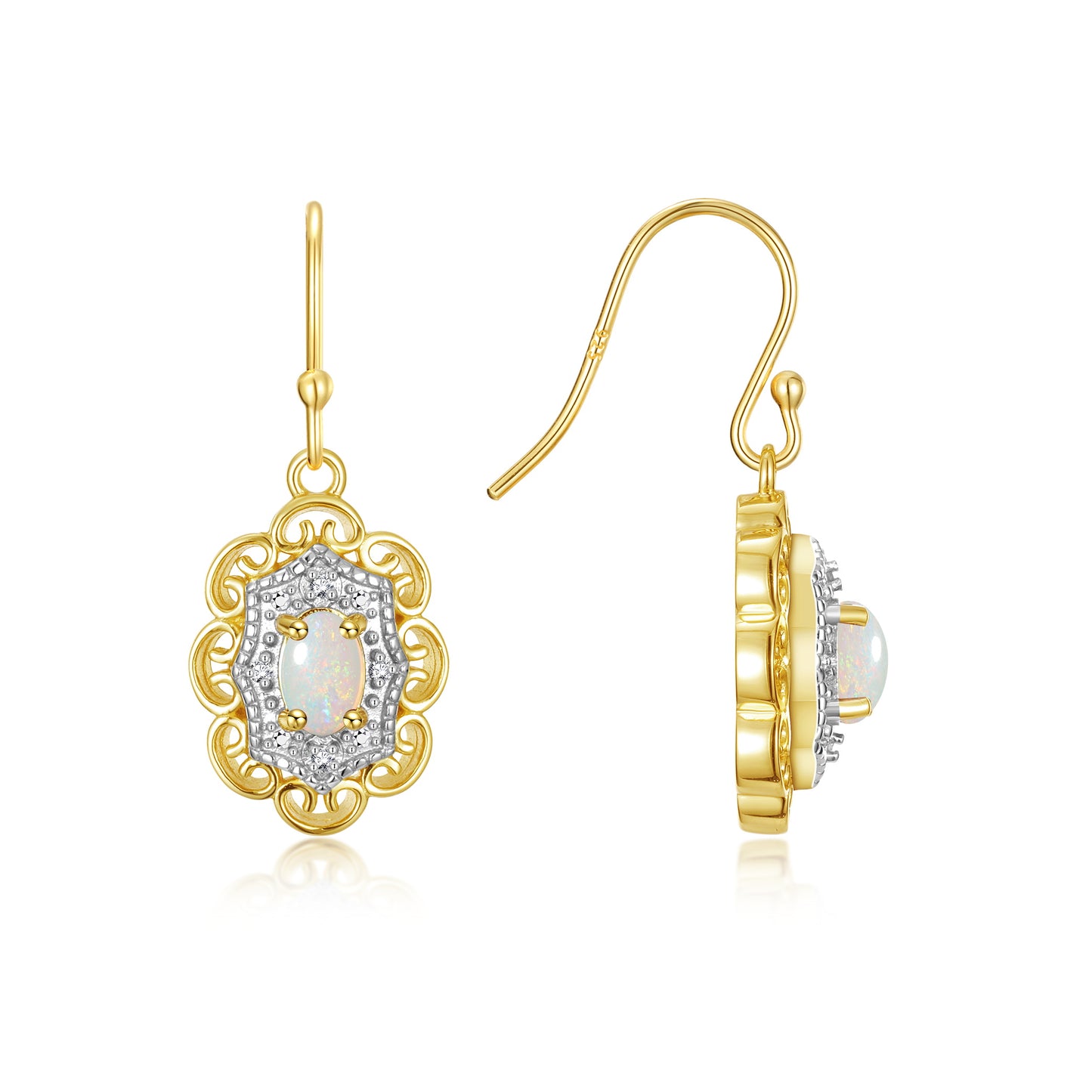 RYLOS Yellow Gold Plated Silver Antique Style Floral Earrings - Oval Shape Gemstone & Diamonds - 6X4MM Birthstone Earrings - Timeless Color Stone Jewelry