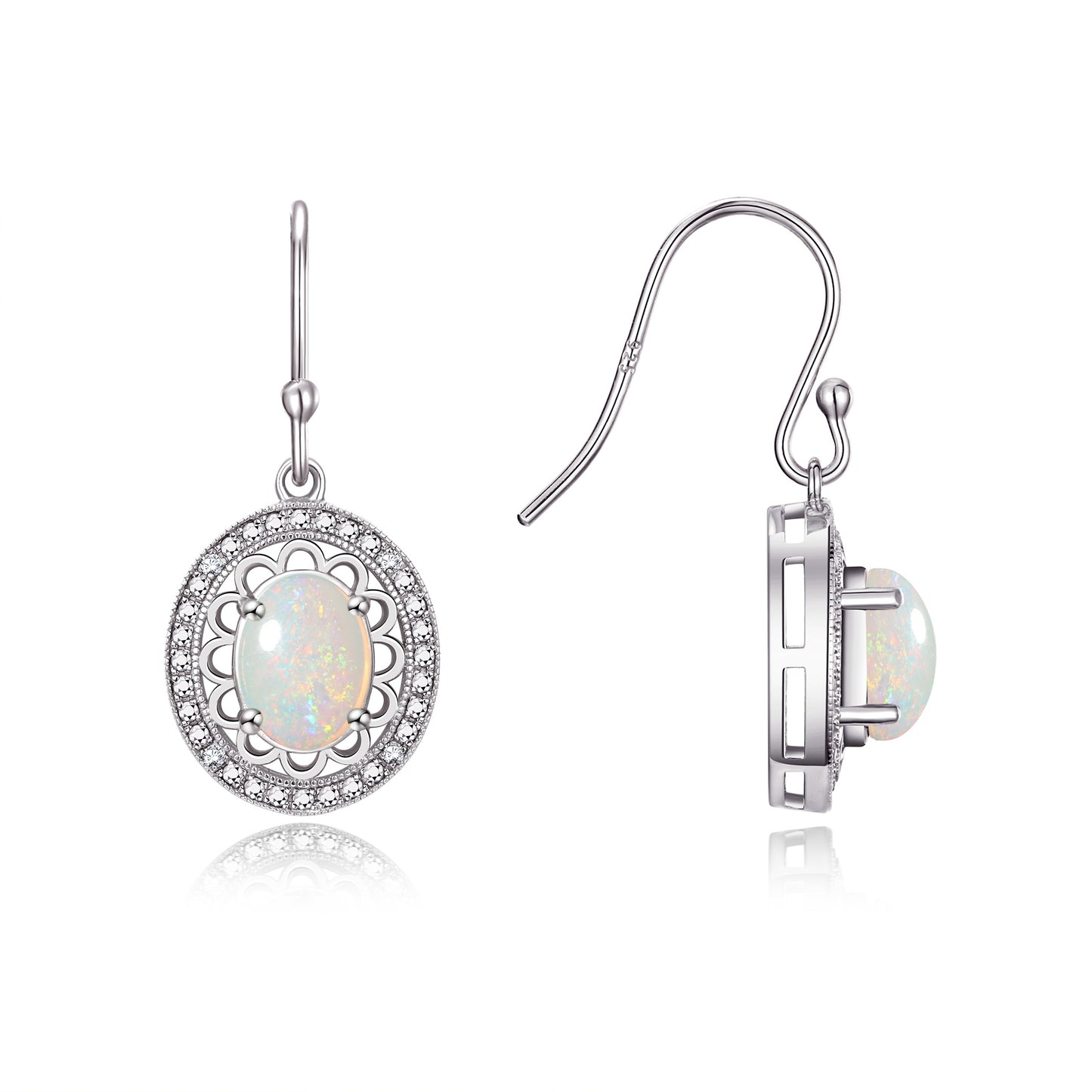 RYLOS 14K White Gold Princess Diana Inspired Earrings - Oval Shape Gemstone & Diamonds - 8X6MM Birthstone Earrings - Timeless Color Stone Jewelry