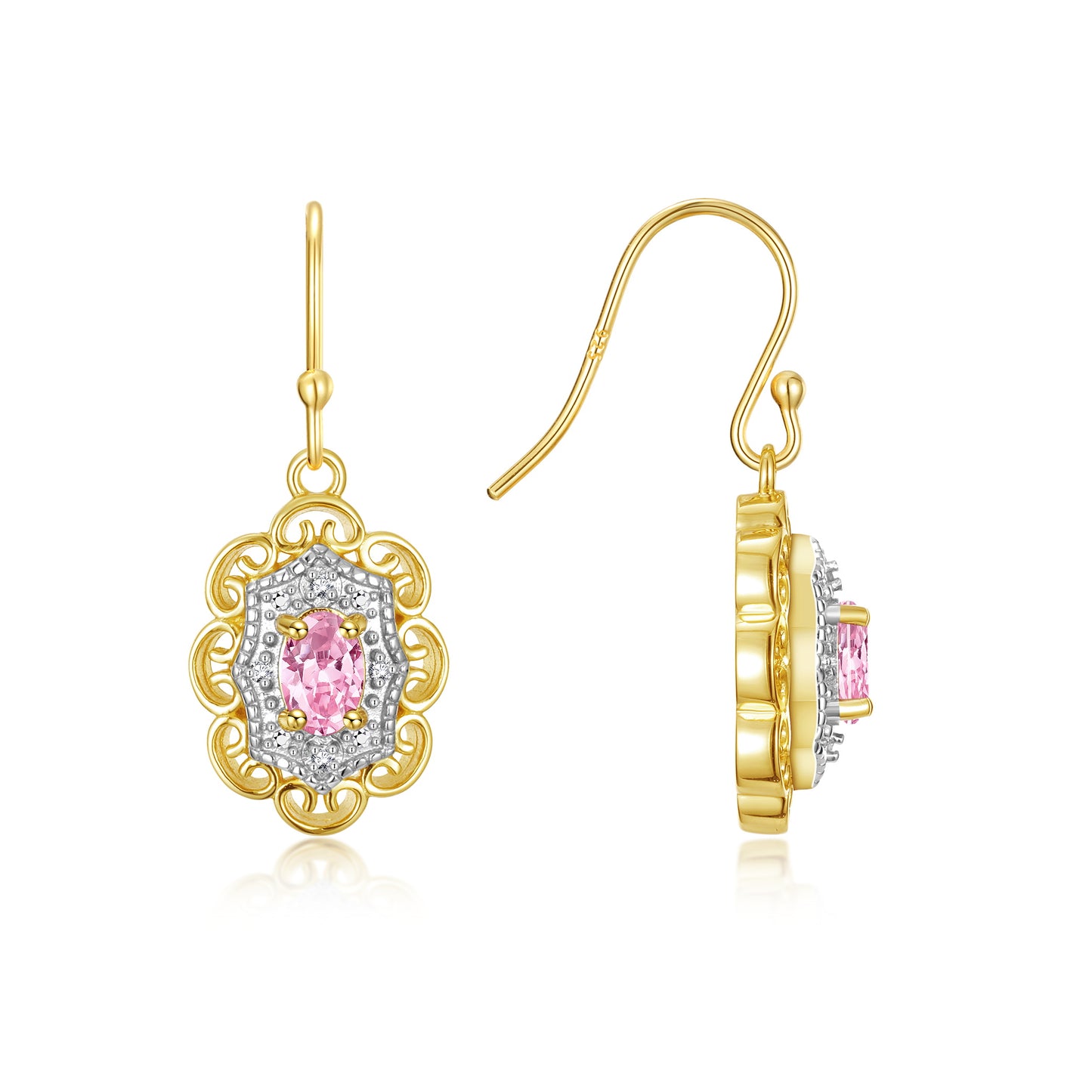 RYLOS Yellow Gold Plated Silver Antique Style Floral Earrings - Oval Shape Gemstone & Diamonds - 6X4MM Birthstone Earrings - Timeless Color Stone Jewelry