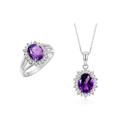 RYLOS Women's 14K White Gold Princess Diana Ring & Pendant Necklace Set. Gemstone & Diamonds, 9X7MM Birthstone. 2 PC Perfectly Matched Gold Jewelry, Sizes 5-10