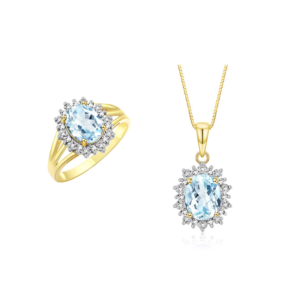 RYLOS Women's Yellow Gold Plated Silver Princess Diana Ring & Pendant Necklace Set. Gemstone & Diamonds, 9X7MM Birthstone. 2 PC Perfectly Matched Gold Jewelry, Sizes 5-10