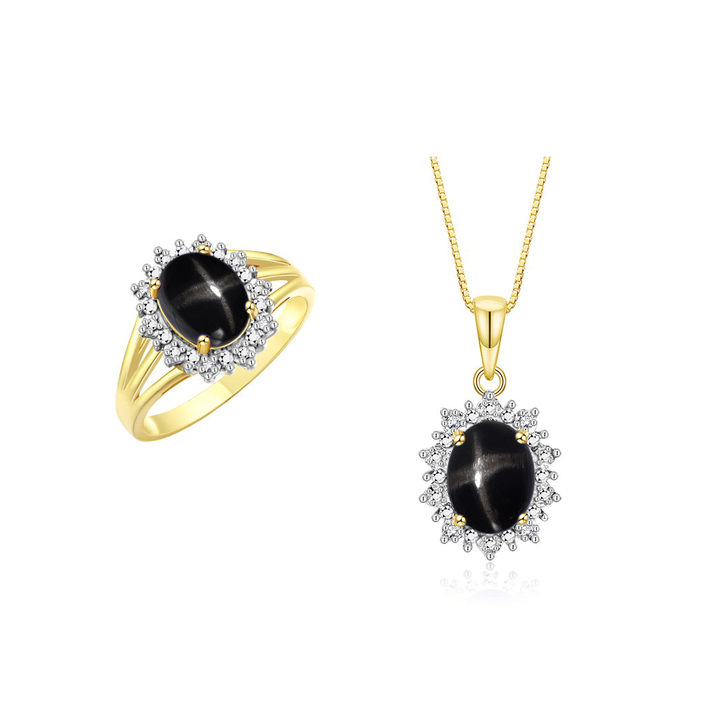 RYLOS Women's 14K Yellow Gold Princess Diana Ring & Pendant Necklace Set. Gemstone & Diamonds, 9X7MM Birthstone. 2 PC Perfectly Matched Gold Jewelry, Sizes 5-10