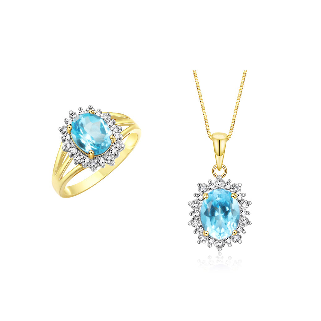 RYLOS Women's 14K Yellow Gold Princess Diana Ring & Pendant Necklace Set. Gemstone & Diamonds, 9X7MM Birthstone. 2 PC Perfectly Matched Gold Jewelry, Sizes 5-10