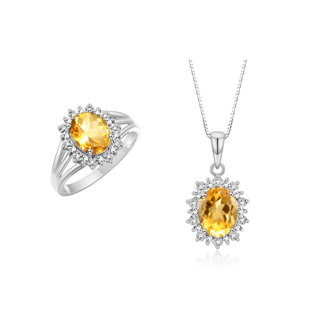 RYLOS Women's 14K White Gold Princess Diana Ring & Pendant Necklace Set. Gemstone & Diamonds, 9X7MM Birthstone. 2 PC Perfectly Matched Gold Jewelry, Sizes 5-10