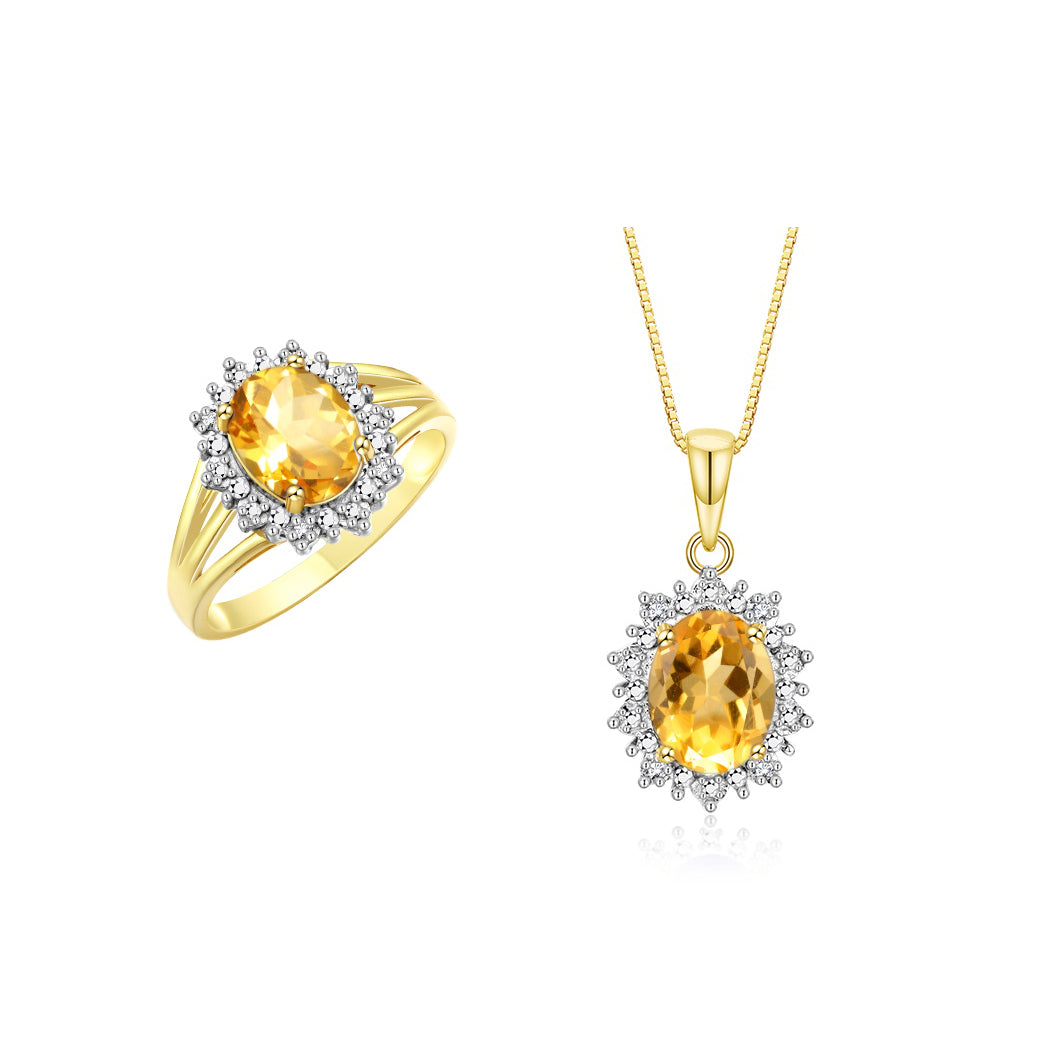 RYLOS Women's 14K Yellow Gold Princess Diana Ring & Pendant Necklace Set. Gemstone & Diamonds, 9X7MM Birthstone. 2 PC Perfectly Matched Gold Jewelry, Sizes 5-10