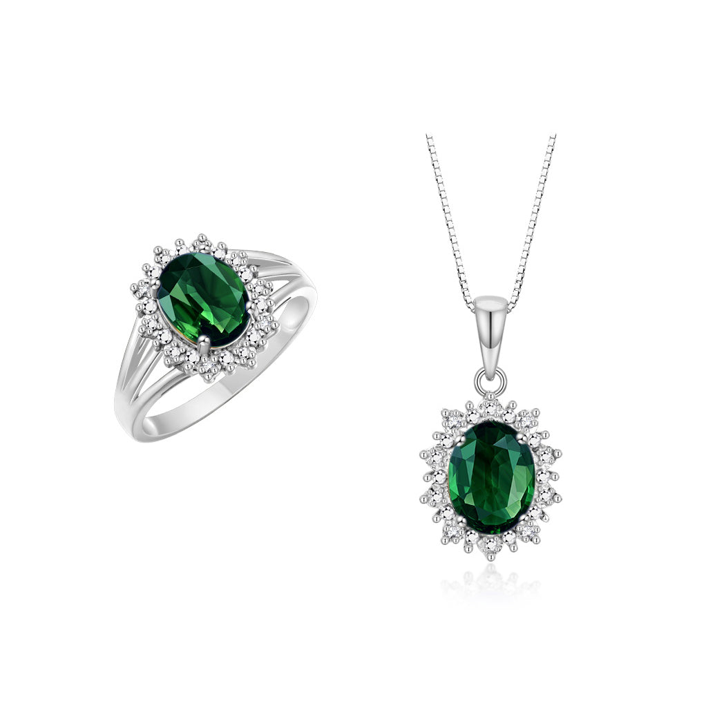 RYLOS Women's 14K White Gold Princess Diana Ring & Pendant Necklace Set. Gemstone & Diamonds, 9X7MM Birthstone. 2 PC Perfectly Matched Gold Jewelry, Sizes 5-10