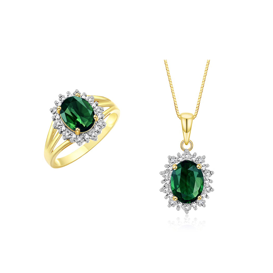 RYLOS Women's Yellow Gold Plated Silver Princess Diana Ring & Pendant Necklace Set. Gemstone & Diamonds, 9X7MM Birthstone. 2 PC Perfectly Matched Gold Jewelry, Sizes 5-10