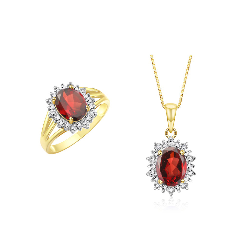 RYLOS Women's Yellow Gold Plated Silver Princess Diana Ring & Pendant Necklace Set. Gemstone & Diamonds, 9X7MM Birthstone. 2 PC Perfectly Matched Gold Jewelry, Sizes 5-10