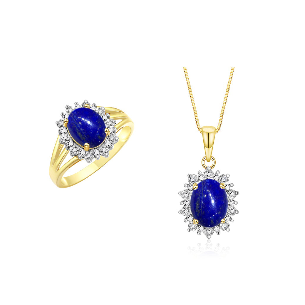 RYLOS Women's Yellow Gold Plated Silver Princess Diana Ring & Pendant Necklace Set. Gemstone & Diamonds, 9X7MM Birthstone. 2 PC Perfectly Matched Gold Jewelry, Sizes 5-10