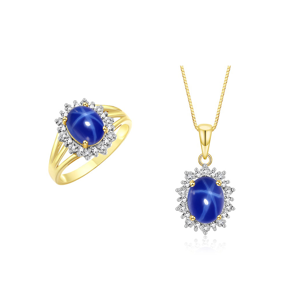 RYLOS Women's Yellow Gold Plated Silver Princess Diana Ring & Pendant Necklace Set. Gemstone & Diamonds, 9X7MM Birthstone. 2 PC Perfectly Matched Gold Jewelry, Sizes 5-10
