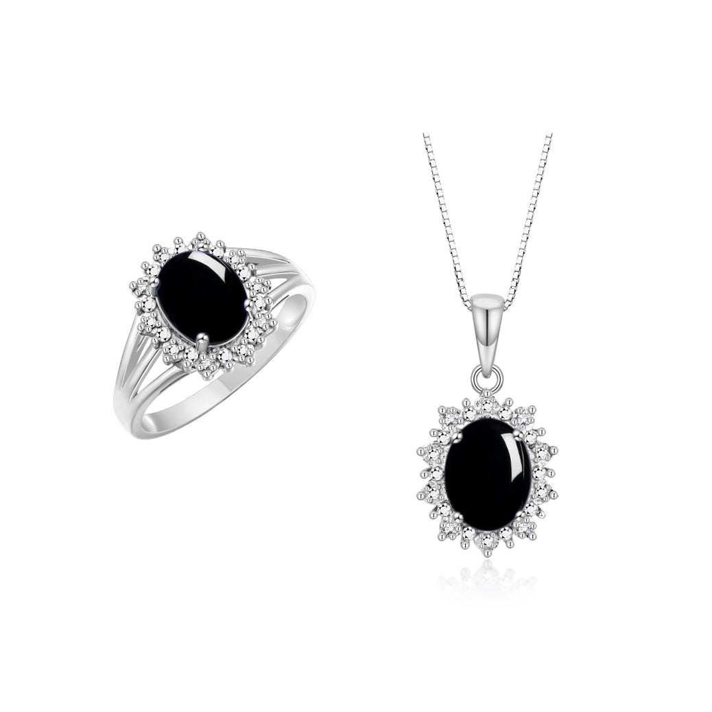 RYLOS Women's 14K White Gold Princess Diana Ring & Pendant Necklace Set. Gemstone & Diamonds, 9X7MM Birthstone. 2 PC Perfectly Matched Gold Jewelry, Sizes 5-10