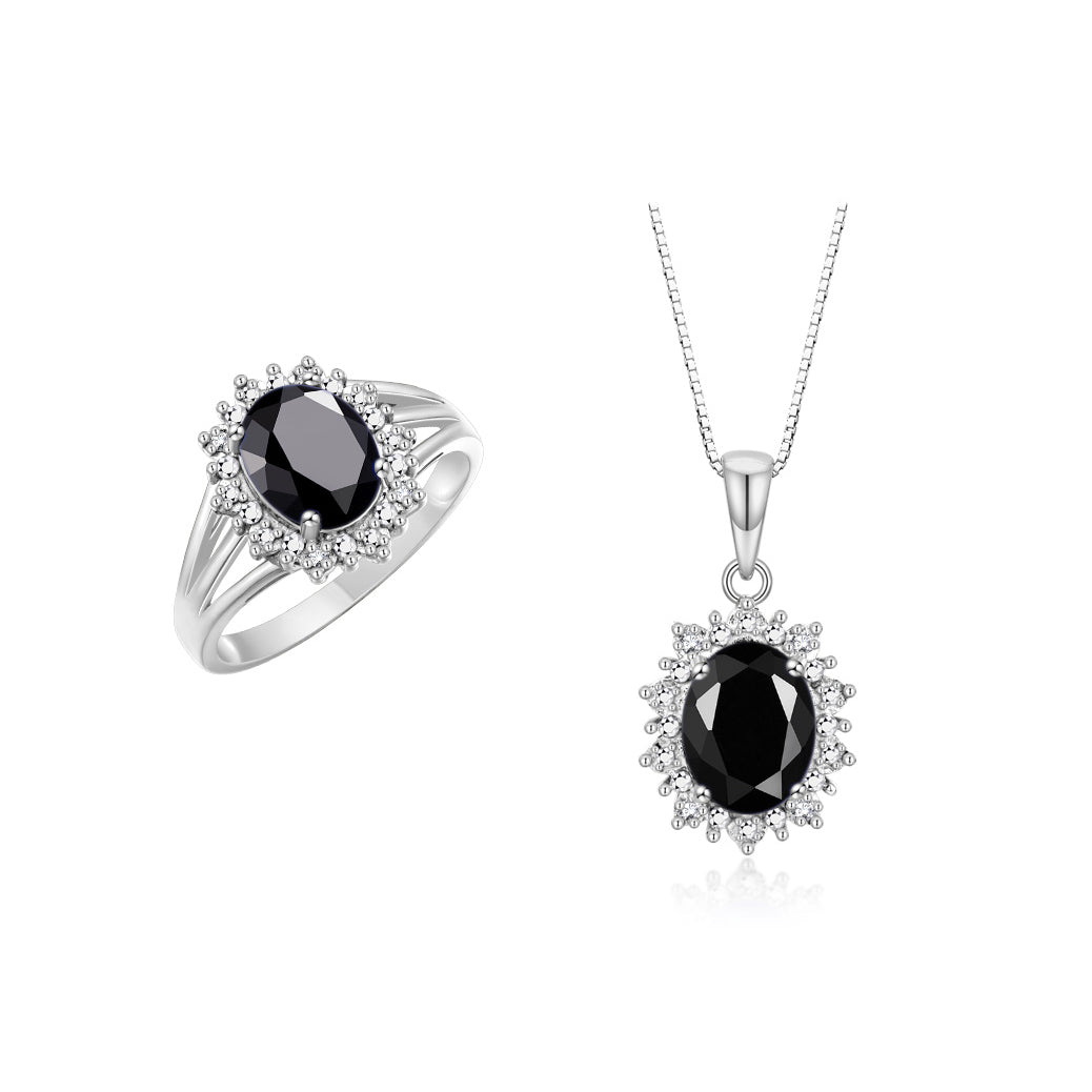RYLOS Women's 14K White Gold Princess Diana Ring & Pendant Necklace Set. Gemstone & Diamonds, 9X7MM Birthstone. 2 PC Perfectly Matched Gold Jewelry, Sizes 5-10