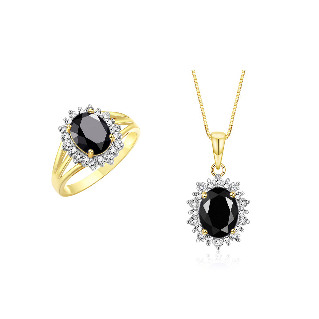 RYLOS Women's 14K Yellow Gold Princess Diana Ring & Pendant Necklace Set. Gemstone & Diamonds, 9X7MM Birthstone. 2 PC Perfectly Matched Gold Jewelry, Sizes 5-10