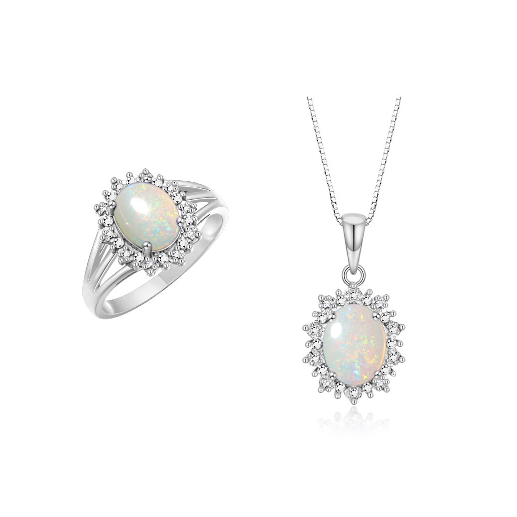 RYLOS Women's 14K White Gold Princess Diana Ring & Pendant Necklace Set. Gemstone & Diamonds, 9X7MM Birthstone. 2 PC Perfectly Matched Gold Jewelry, Sizes 5-10