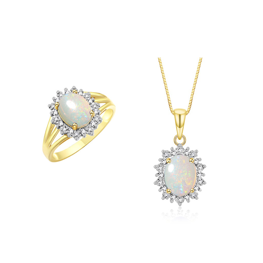 RYLOS Women's Yellow Gold Plated Silver Princess Diana Ring & Pendant Necklace Set. Gemstone & Diamonds, 9X7MM Birthstone. 2 PC Perfectly Matched Gold Jewelry, Sizes 5-10