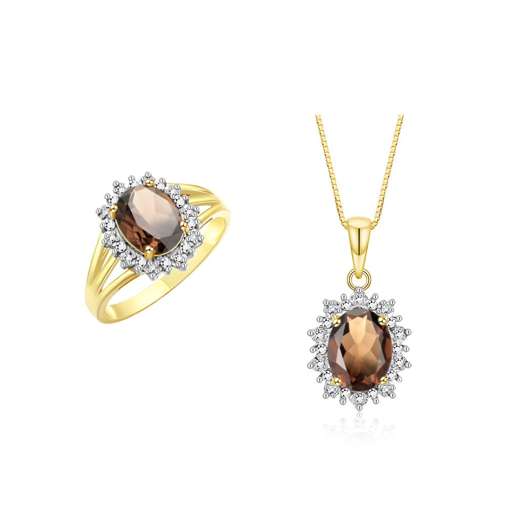 RYLOS Women's Yellow Gold Plated Silver Princess Diana Ring & Pendant Necklace Set. Gemstone & Diamonds, 9X7MM Birthstone. 2 PC Perfectly Matched Gold Jewelry, Sizes 5-10