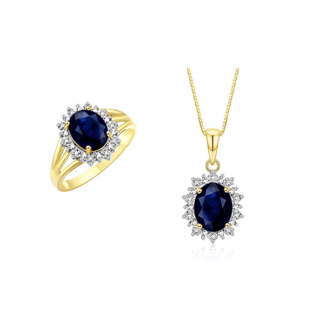 RYLOS Women's 14K Yellow Gold Princess Diana Ring & Pendant Necklace Set. Gemstone & Diamonds, 9X7MM Birthstone. 2 PC Perfectly Matched Gold Jewelry, Sizes 5-10