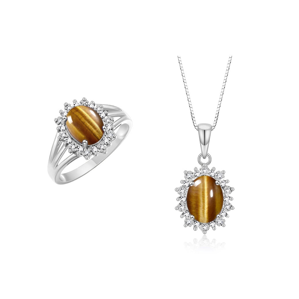 RYLOS Women's 14K White Gold Princess Diana Ring & Pendant Necklace Set. Gemstone & Diamonds, 9X7MM Birthstone. 2 PC Perfectly Matched Gold Jewelry, Sizes 5-10