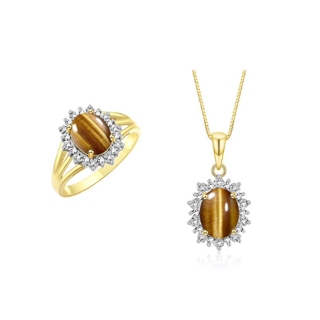 RYLOS Women's Yellow Gold Plated Silver Princess Diana Ring & Pendant Necklace Set. Gemstone & Diamonds, 9X7MM Birthstone. 2 PC Perfectly Matched Gold Jewelry, Sizes 5-10