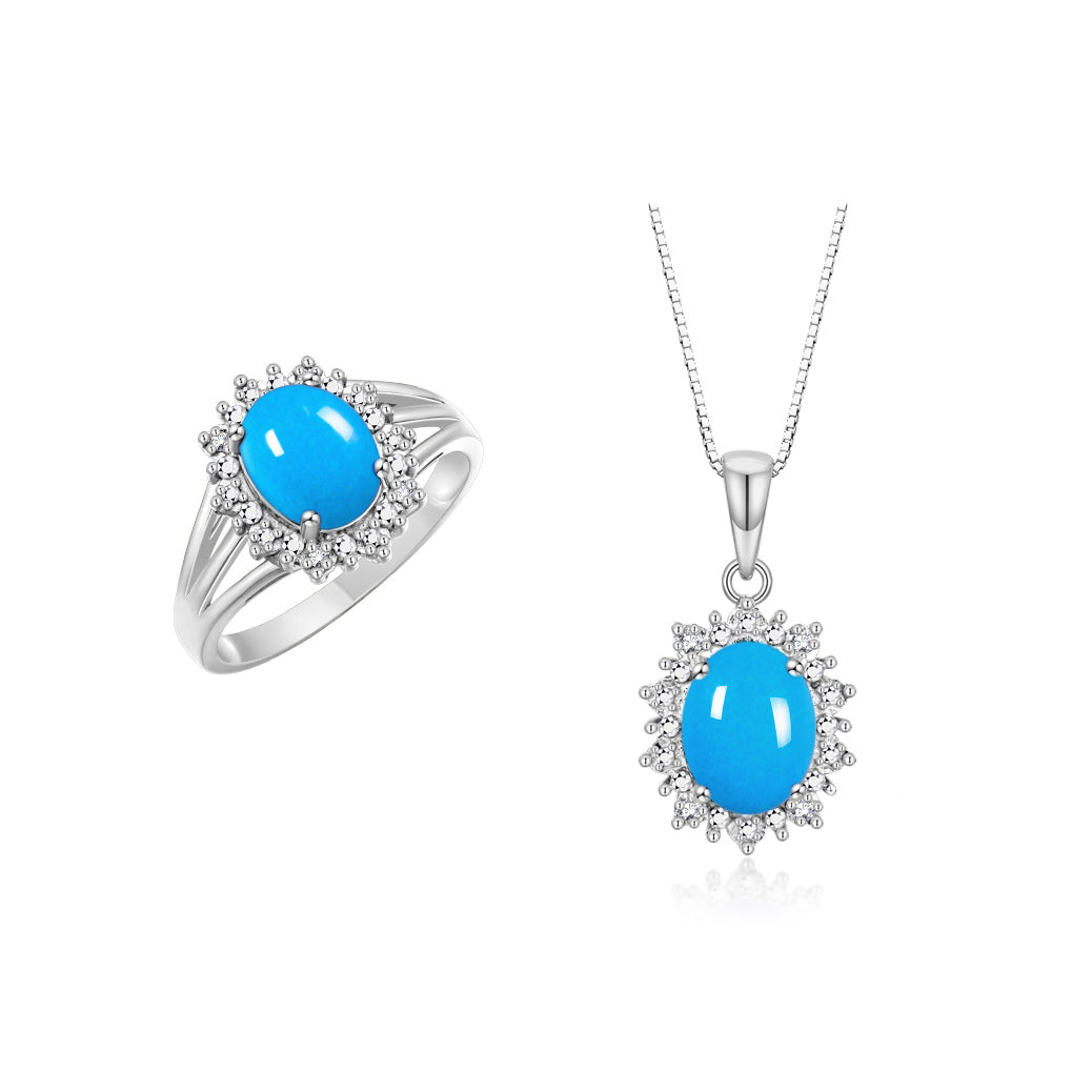 RYLOS Women's 14K White Gold Princess Diana Ring & Pendant Necklace Set. Gemstone & Diamonds, 9X7MM Birthstone. 2 PC Perfectly Matched Gold Jewelry, Sizes 5-10