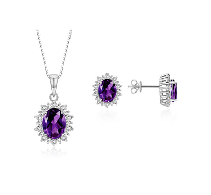 RYLOS Matching Jewelry Set 14K White Gold Princess Diana Inspired: Earrings & Pendant Necklace with 18" Chain. Gemstone & Diamonds, 8X6MM Birthstone