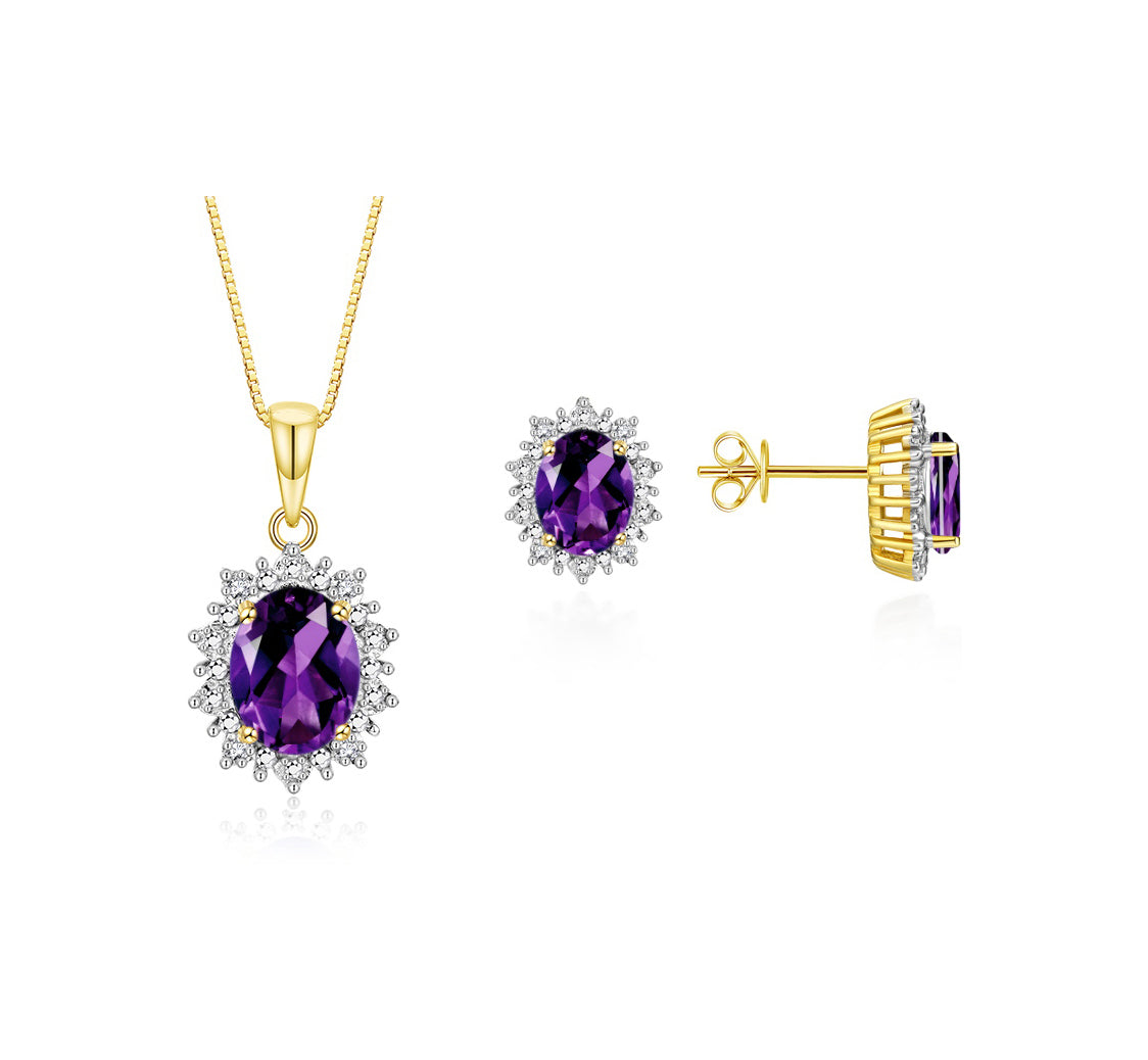RYLOS Matching Jewelry Set Yellow Gold Plated Silver Princess Diana Inspired: Earrings & Pendant Necklace with 18" Chain. Gemstone & Diamonds, 8X6MM Birthstone