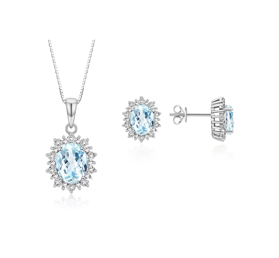 RYLOS Matching Jewelry Set Sterling Silver Princess Diana Inspired: Earrings & Pendant Necklace with 18" Chain. Gemstone & Diamonds, 8X6MM Birthstone