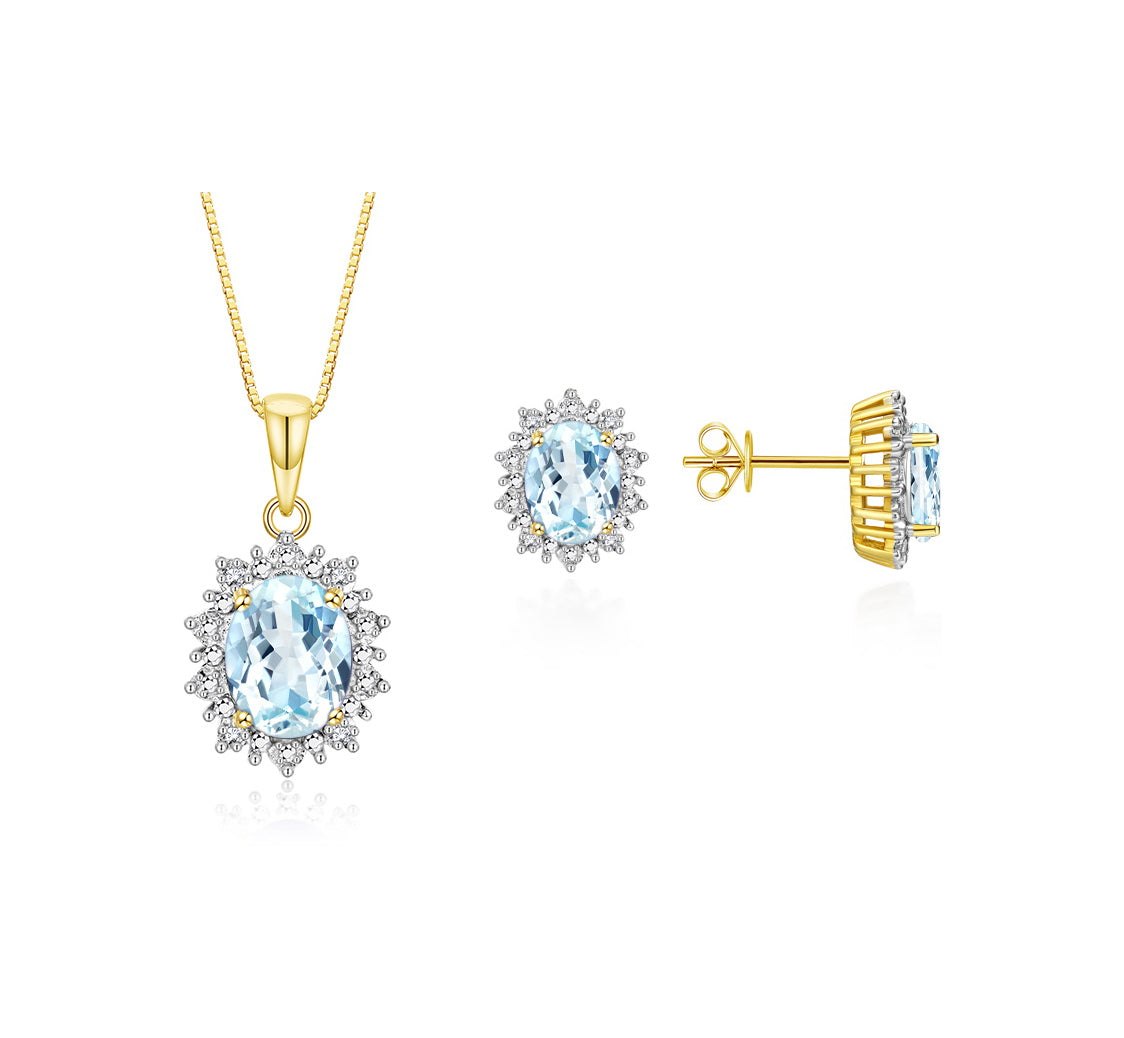 RYLOS Matching Jewelry Set 14K Yellow Gold Princess Diana Inspired: Earrings & Pendant Necklace with 18" Chain. Gemstone & Diamonds, 8X6MM Birthstone