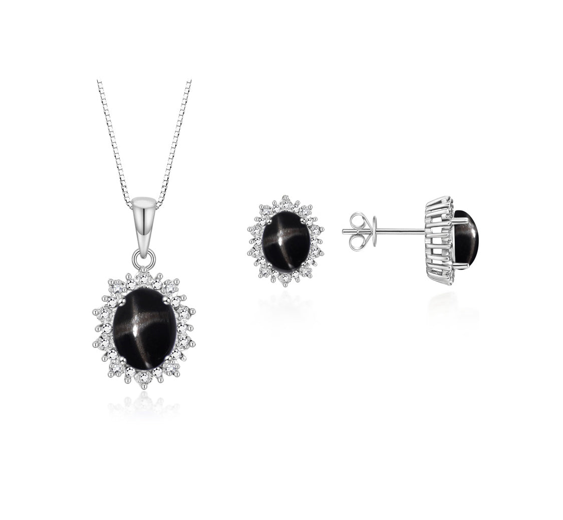 RYLOS Matching Jewelry Set Sterling Silver Princess Diana Inspired: Earrings & Pendant Necklace with 18" Chain. Gemstone & Diamonds, 8X6MM Birthstone