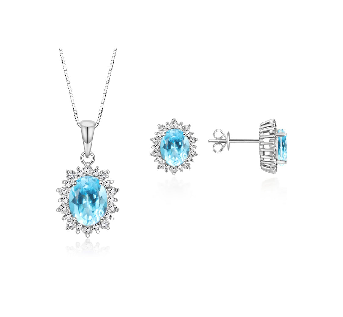 RYLOS Matching Jewelry Set Sterling Silver Princess Diana Inspired: Earrings & Pendant Necklace with 18" Chain. Gemstone & Diamonds, 8X6MM Birthstone