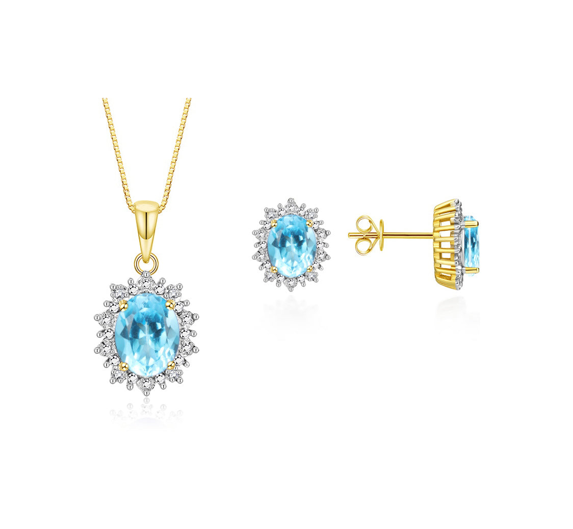 RYLOS Matching Jewelry Set Yellow Gold Plated Silver Princess Diana Inspired: Earrings & Pendant Necklace with 18" Chain. Gemstone & Diamonds, 8X6MM Birthstone