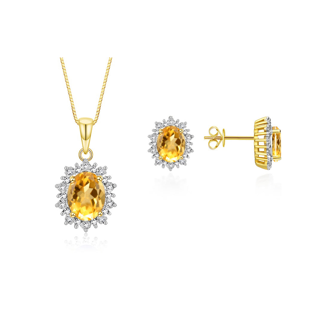 RYLOS Matching Jewelry Set 14K Yellow Gold Princess Diana Inspired: Earrings & Pendant Necklace with 18" Chain. Gemstone & Diamonds, 8X6MM Birthstone