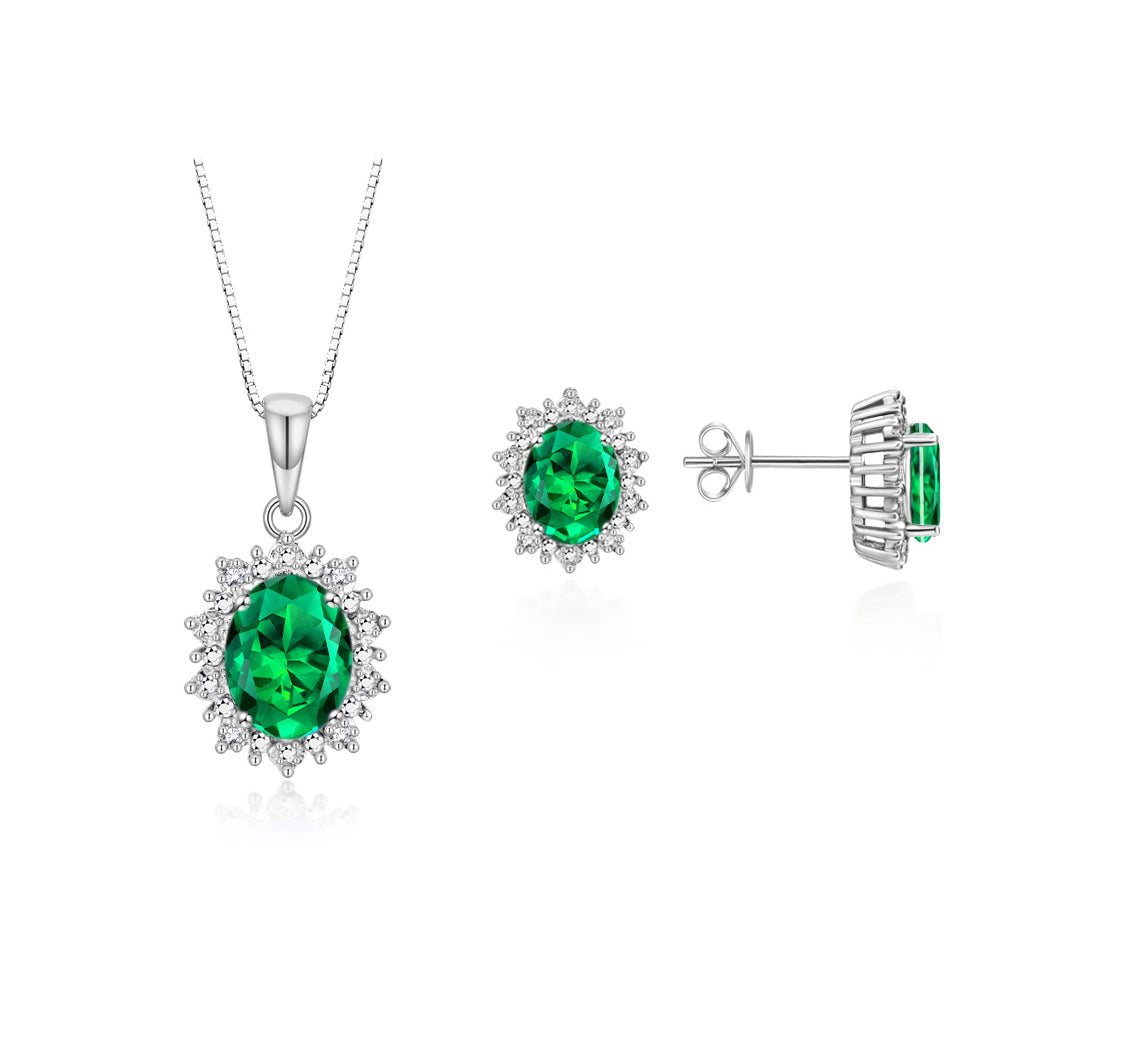 RYLOS Matching Jewelry Set Sterling Silver Princess Diana Inspired: Earrings & Pendant Necklace with 18" Chain. Gemstone & Diamonds, 8X6MM Birthstone