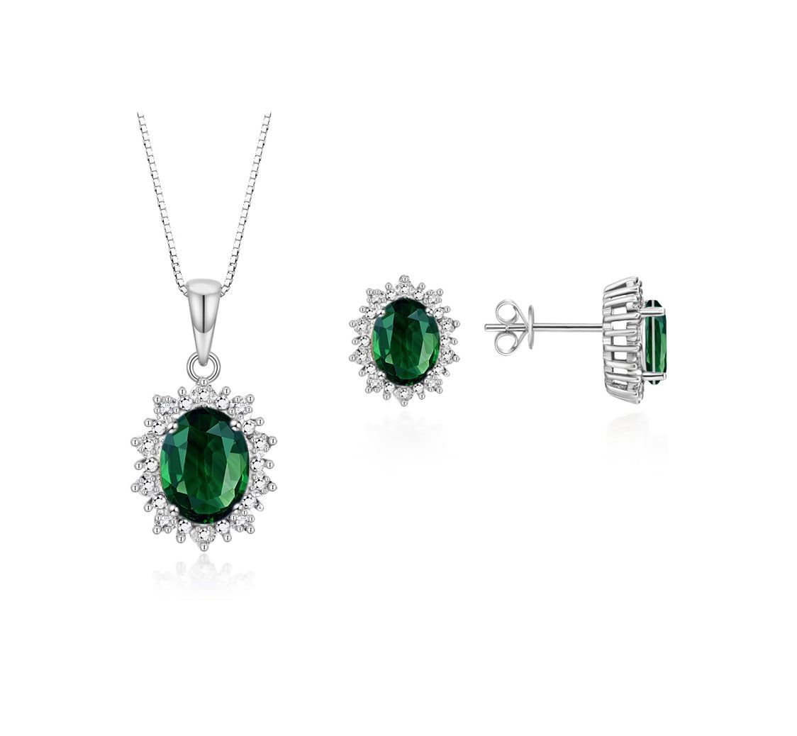 RYLOS Matching Jewelry Set Sterling Silver Princess Diana Inspired: Earrings & Pendant Necklace with 18" Chain. Gemstone & Diamonds, 8X6MM Birthstone