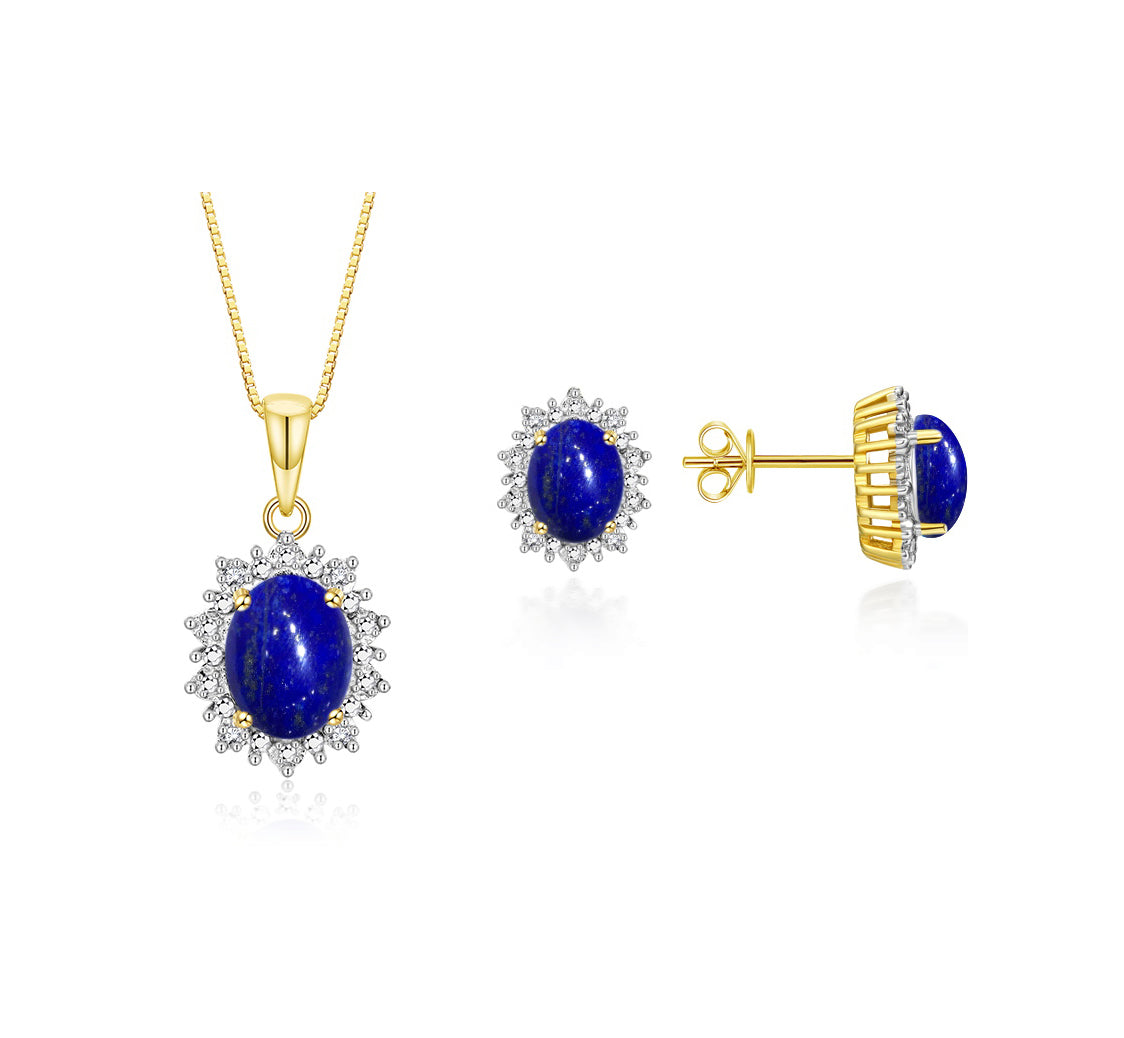 RYLOS Matching Jewelry Set 14K Yellow Gold Princess Diana Inspired: Earrings & Pendant Necklace with 18" Chain. Gemstone & Diamonds, 8X6MM Birthstone